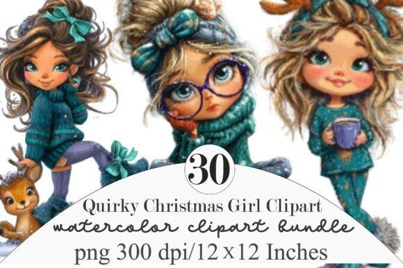Quirky Christmas Girl Clipart set with three stylized girls in teal outfits and a small reindeer — Christmas Clipart
