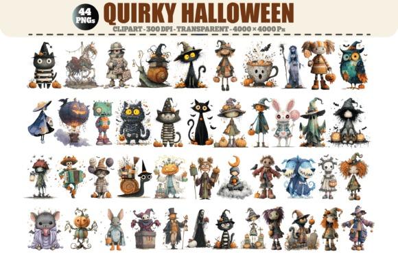 Quirky Halloween clipart set with 44 hand-drawn whimsical horror characters including witches, stitched dolls, black cats