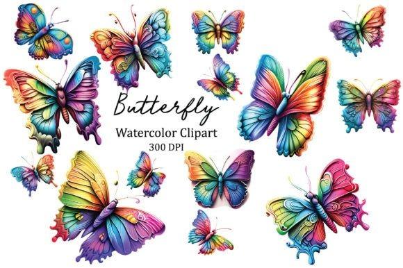 Rainbow butterfly clipart in watercolor style with bright multicolor palette and transparent background