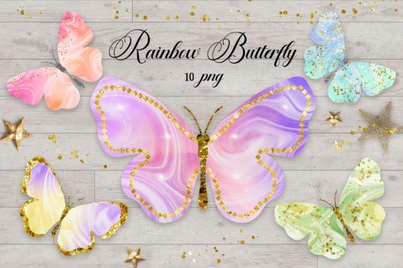 Rainbow butterfly clipart with glitter accents in various pastel colors on a wooden background