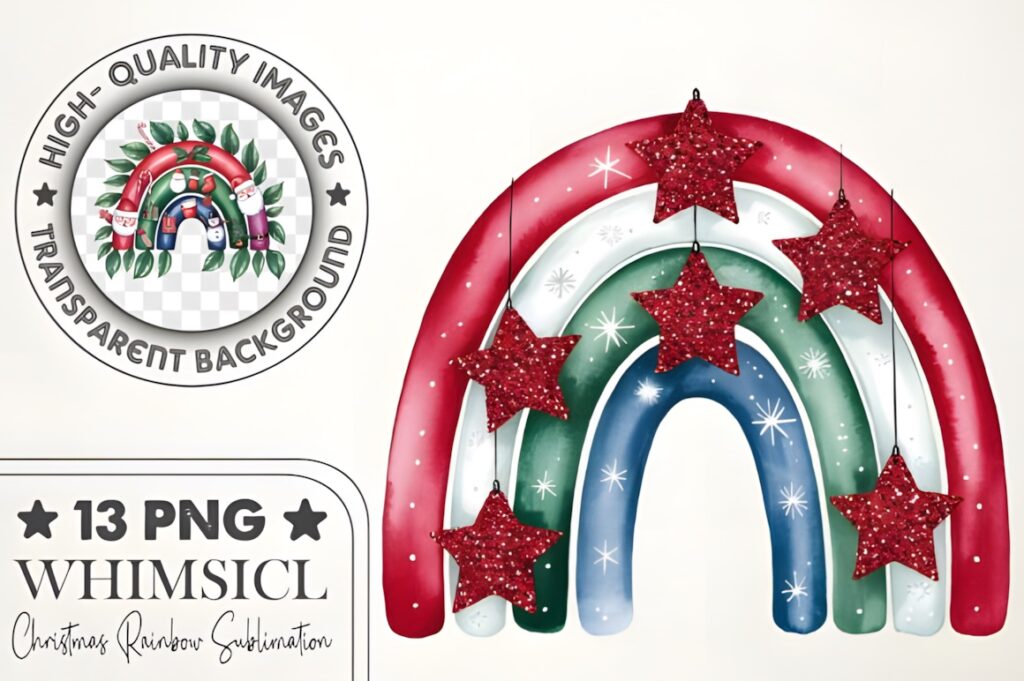 Xmas PNG Designs rainbow sublimation Christmas clipart with red stars and green, white, blue arches