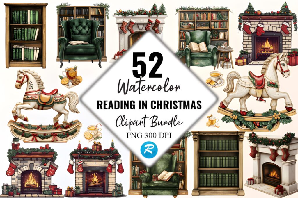 Christmas decorations PNG featuring watercolor reading-themed clipart including rocking horses, armchairs, bookshelves