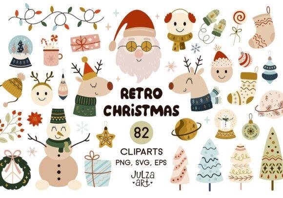 Retro Christmas Clipart set with 82 colorful holiday-themed PNG, SVG, and EPS files including Santa, reindeer, snowman