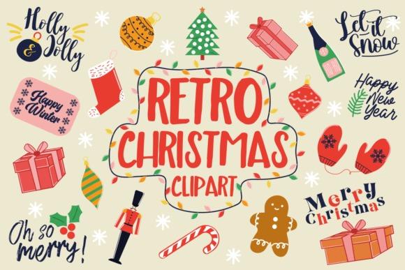 Retro Christmas clipart featuring holiday icons like gifts, ornaments, gingerbread, and festive text in bold colors