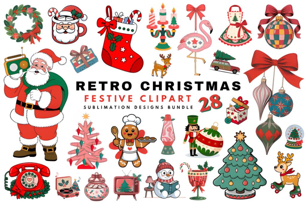 Christmas Elements PNG retro festive clipart including Santa, wreath, stocking, ornaments, gingerbread, tree, and holiday