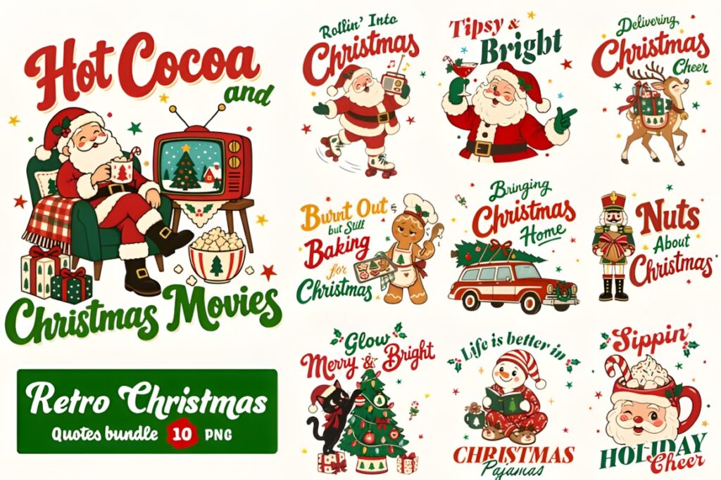 Christmas Elements PNG featuring retro holiday quotes with Santa, reindeer, snowmen, gingerbread, nutcrackers, and Christmas
