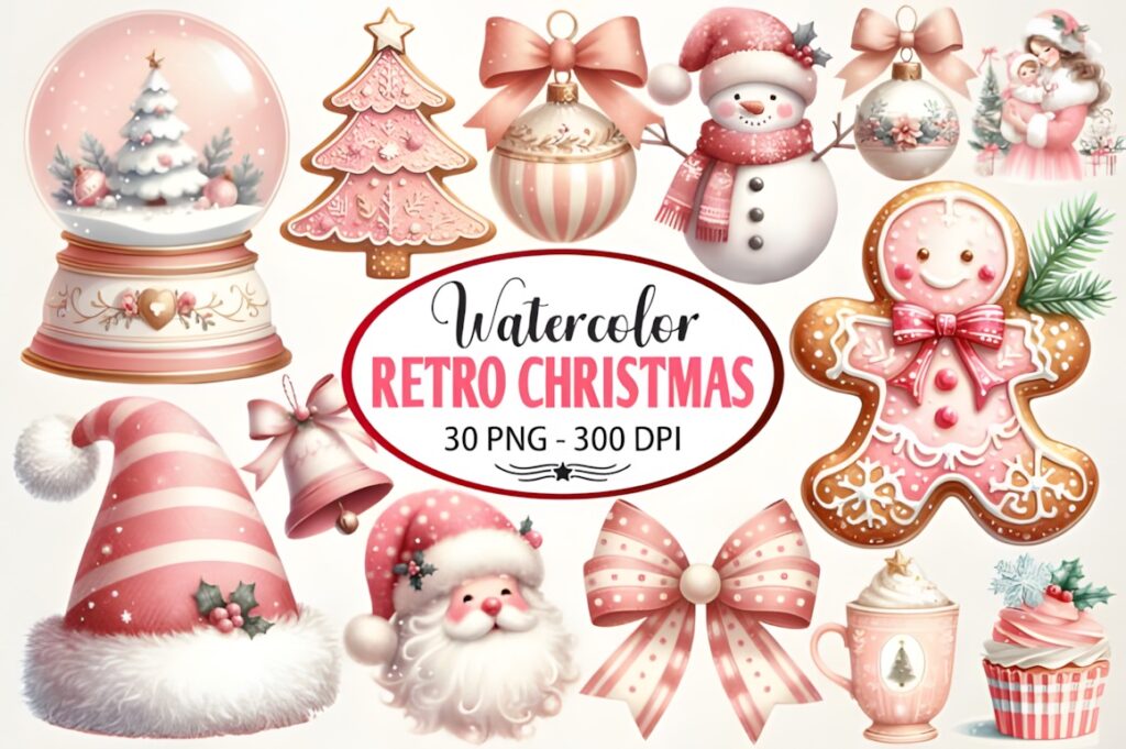 Xmas PNG Designs featuring retro Christmas clipart including snow globe, tree, ornaments, snowman, gingerbread, Santa, and