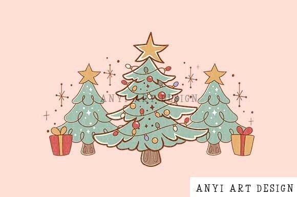 Christmas Tree PNG Designs for Sublimation featuring three decorated retro style Christmas trees with stars and gifts