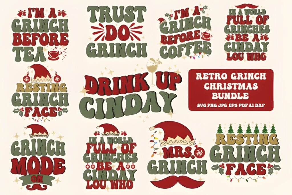 Retro Grinch Christmas Bundle with vintage-style holiday phrases and graphics for Grinch SVG for Cricut decals