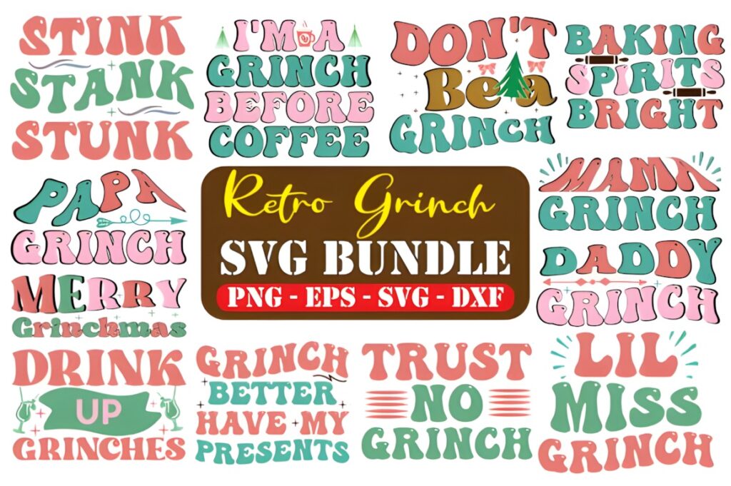Retro Grinch SVG Bundle with colorful vintage-style Christmas phrases and designs for Grinch SVG for Cricut