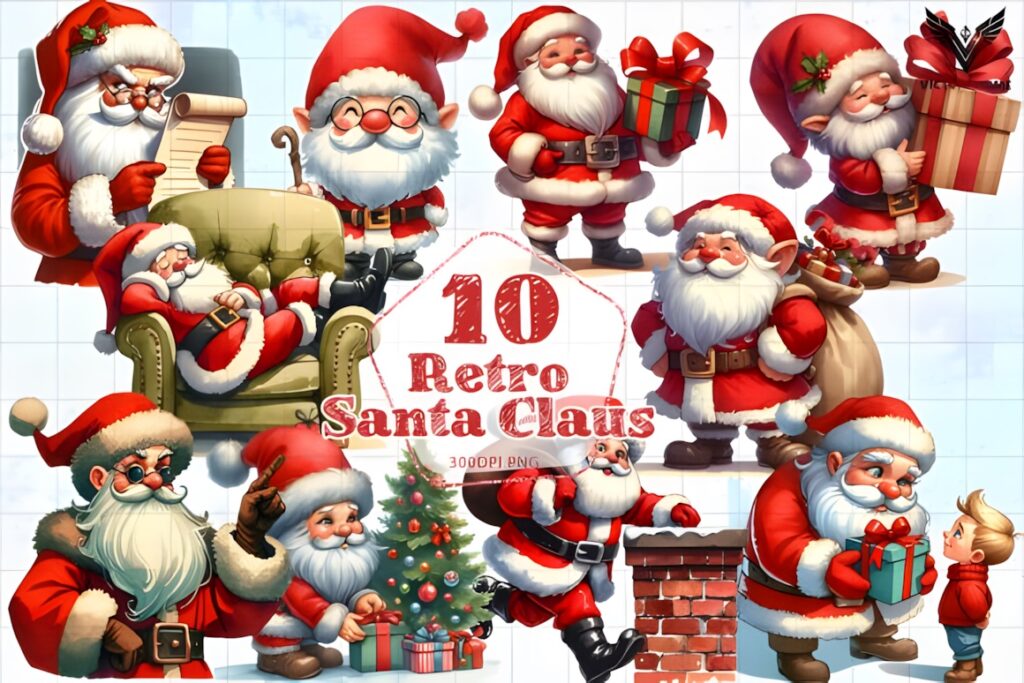 Set of 10 retro Santa Claus clipart designs with classic holiday colors and vintage style for Christmas cards and