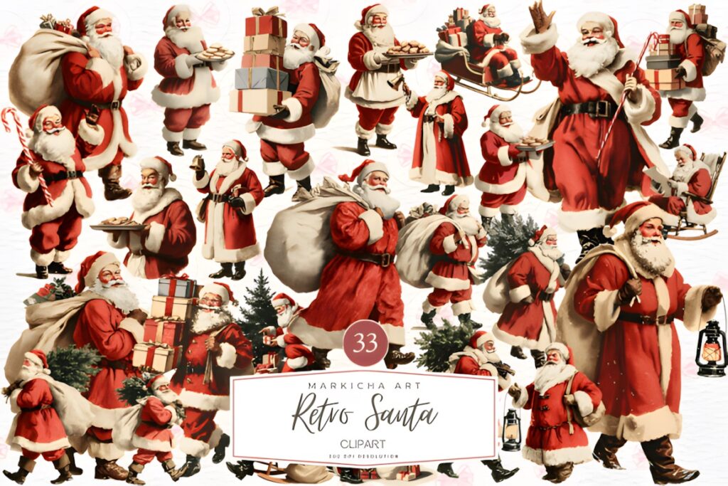 Retro Santa Claus clipart bundle featuring multiple classic Santa illustrations with gifts, lanterns, and Christmas trees