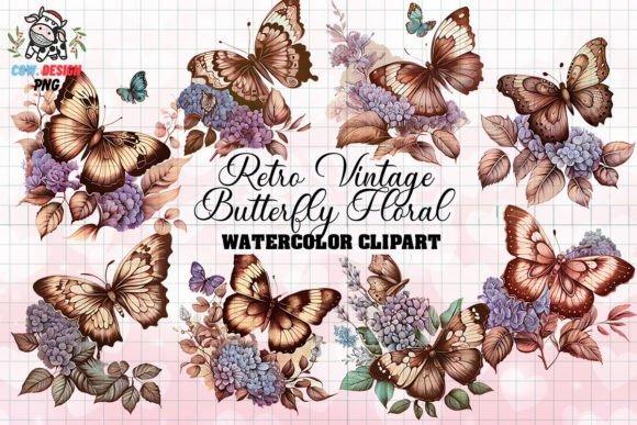 Retro vintage butterfly clipart for sticker with floral watercolor designs in warm neutral tones