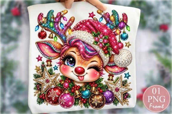 Rhinestone Christmas reindeer clipart with colorful sparkling decorations and Santa hat — Christmas clipart