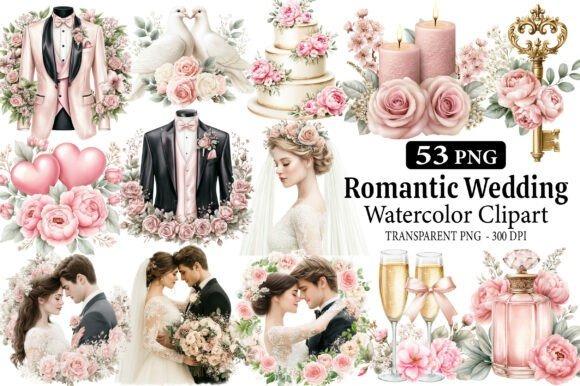 Romantic wedding clipart watercolor set with floral bouquets, bride and groom illustrations, wedding cake, candles, and