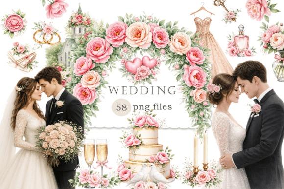 Romantic wedding clipart featuring watercolor floral wreath, wedding cake, bride and groom, and decorative elements