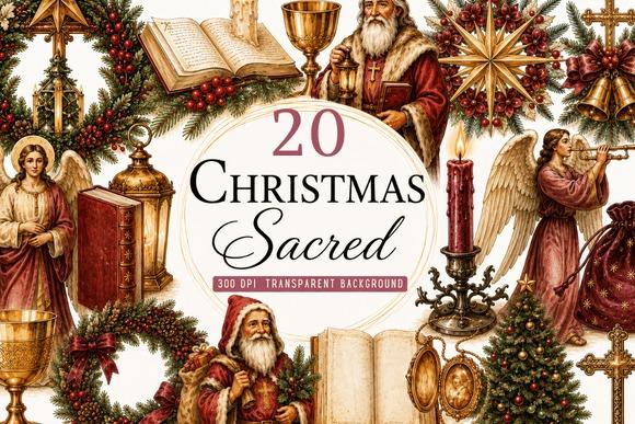Christmas clipart featuring sacred religious symbols including angels, candles, crosses, and Christmas wreaths
