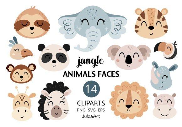 Kids clipart featuring 14 cute safari animal faces including elephant, giraffe, koala, lion, zebra, and more in PNG, SVG