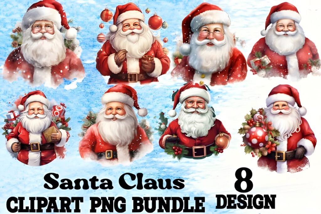 Santa Claus clipart bundle with eight transparent PNG designs showing various Santa Claus illustrations for holiday cards