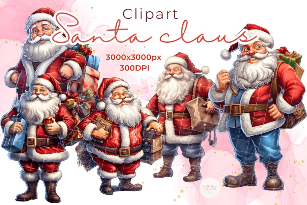Santa Claus clipart set with five high-resolution PNG images showing different Santa poses and styles for holiday cards