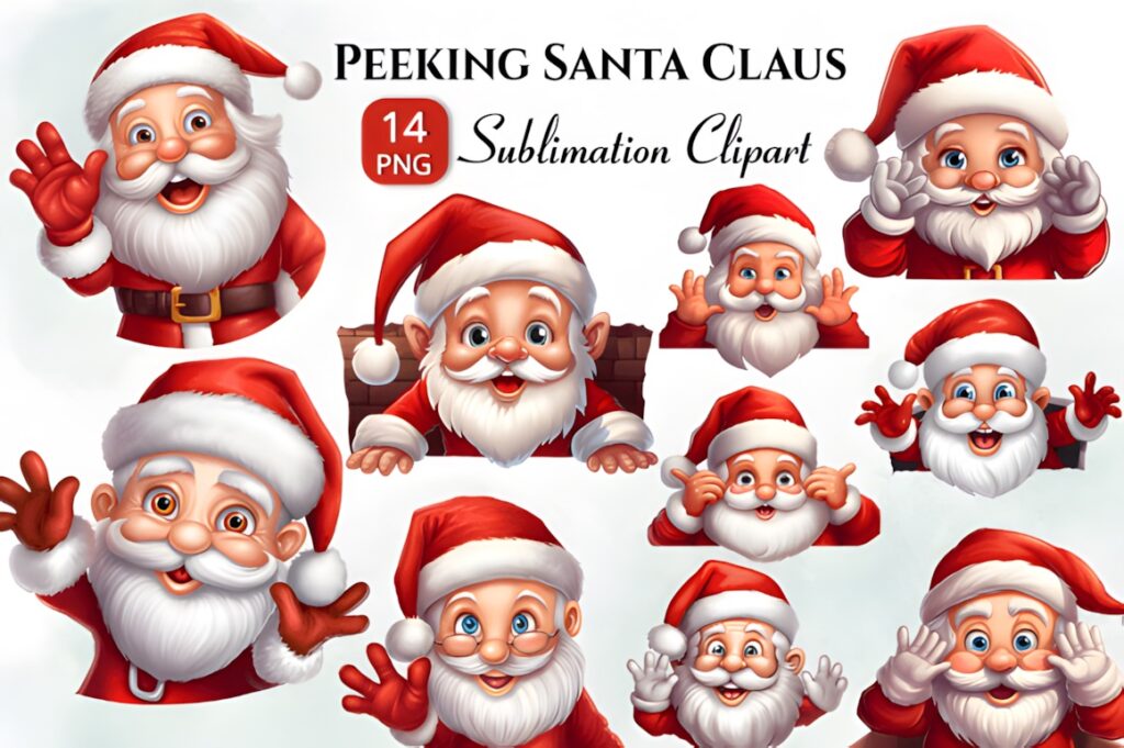 Santa Claus clipart set with 14 peeking Santa images in various playful poses and expressions