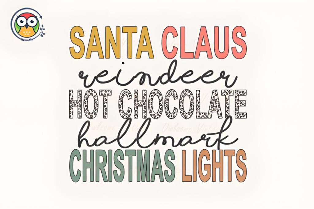 Xmas PNG Designs featuring Santa Claus, reindeer, hot chocolate, hallmark, and Christmas lights text in festive colors
