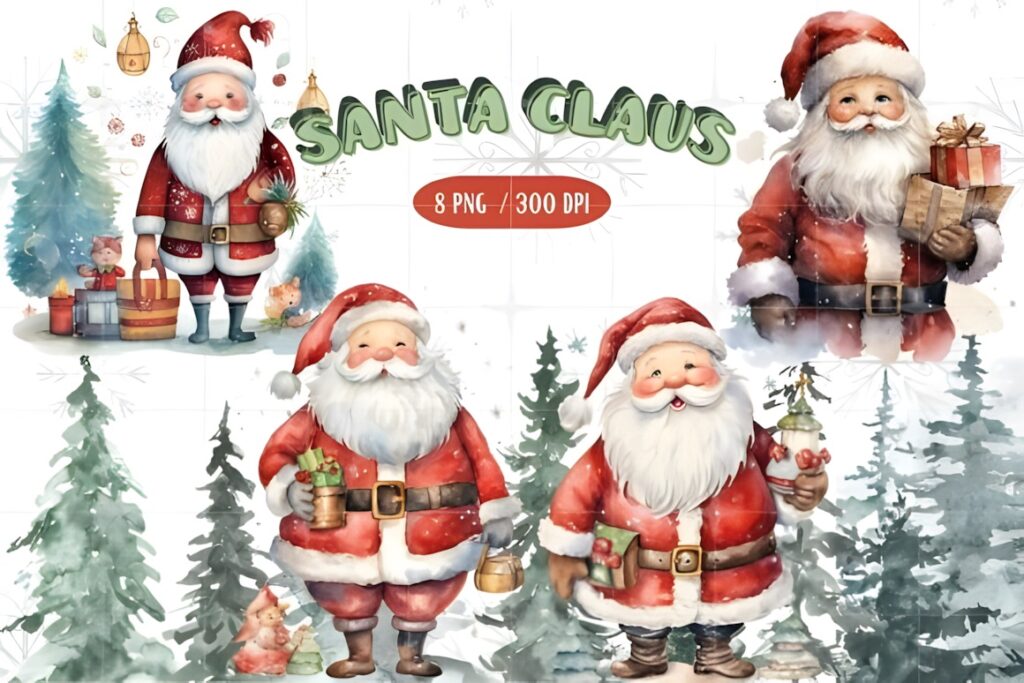 Santa Claus clipart set with eight watercolor designs featuring Santa in various poses with gifts and Christmas trees