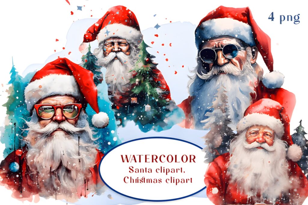 Watercolor Santa Claus clipart set with four distinct Santa illustrations wearing red hats and white beards