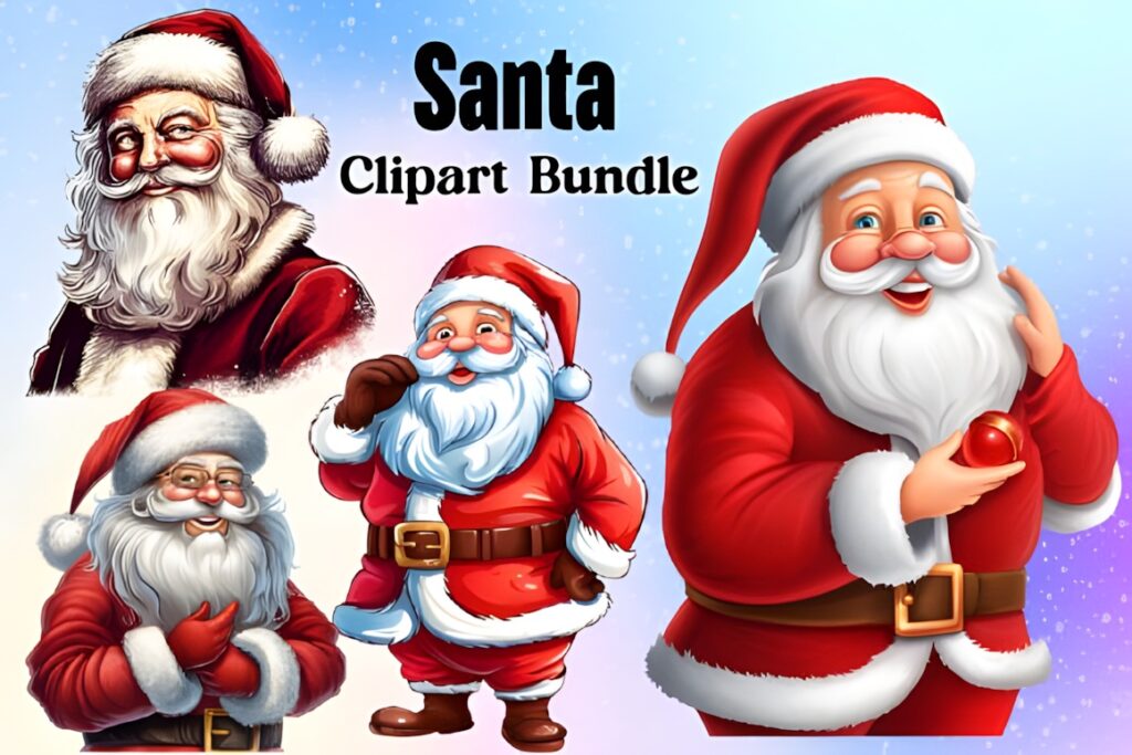Santa Claus clipart featuring four different Santa illustrations in red suits with white beards and hats