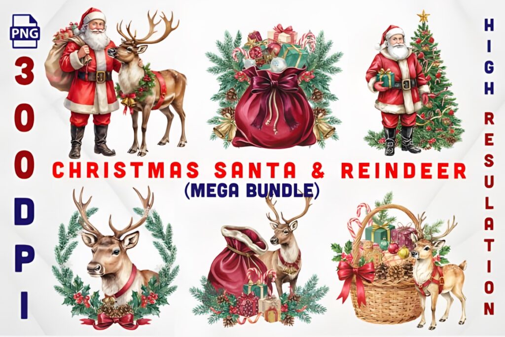 Christmas Elements PNG featuring Santa Claus and reindeer in various festive poses with gifts and decorations