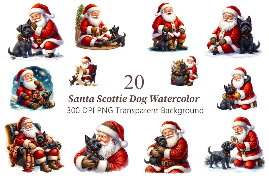Christmas clip art featuring Santa Claus with a black Scottish Terrier in watercolor style PNG images