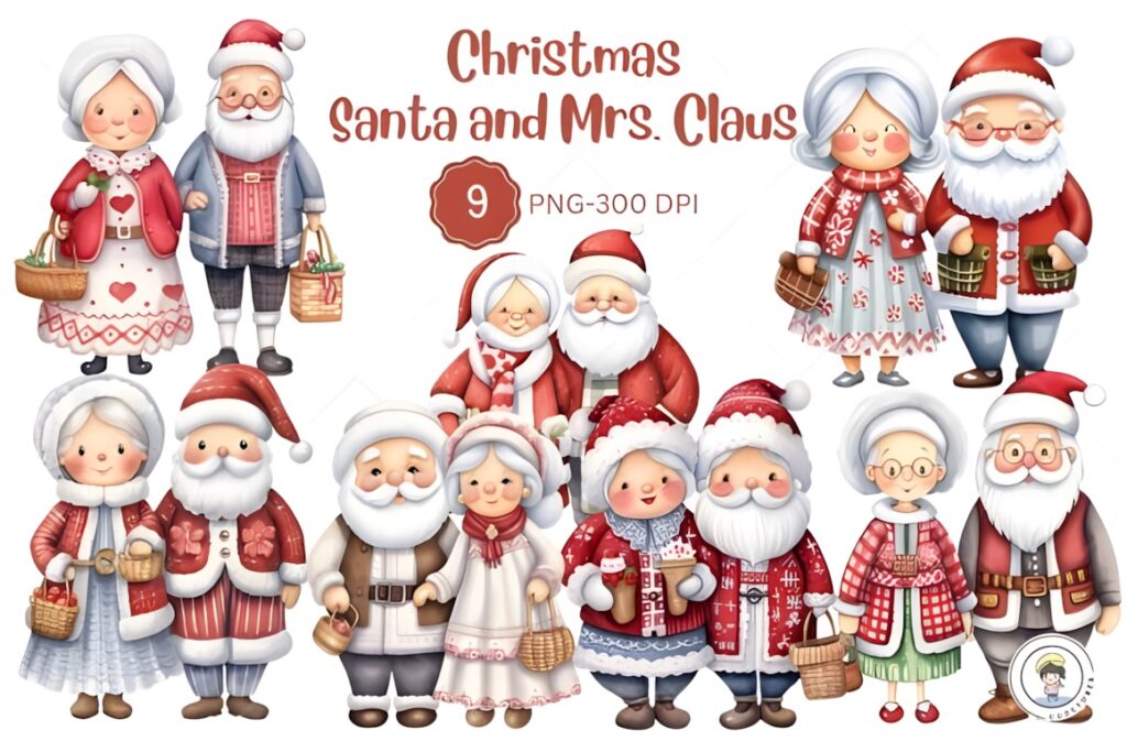 Santa Claus clipart set featuring Santa and Mrs. Claus characters with transparent backgrounds for holiday cards