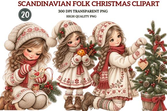 Christmas Clipart featuring Scandinavian folk style girls in knitwear with evergreen branches and holiday ornaments