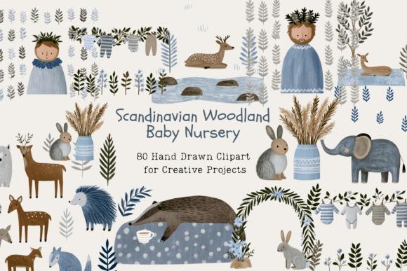 Scandinavian woodland baby nursery kids clipart with deer, bunny, elephant, hedgehog, fox, badger, baby clothing, foliage