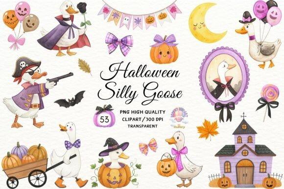 Halloween clipart featuring 53 watercolor PNG elements of geese in costumes, pumpkins, haunted houses, and fall leaves