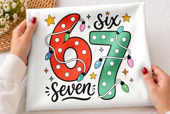 Christmas clipart featuring colorful number 6 and 7 decorated with Christmas lights and stars on a white shirt