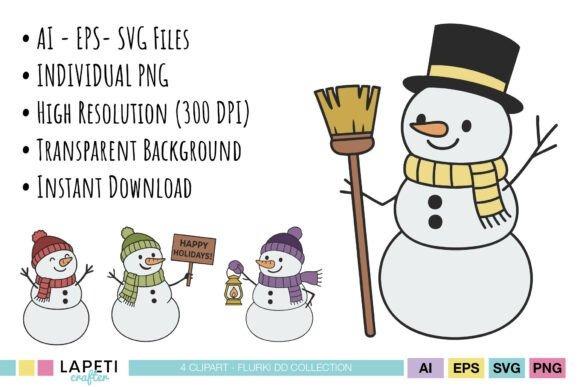 Christmas clip art featuring four snowmen with scarves, hats, a broom, and a holiday sign in a handmade style