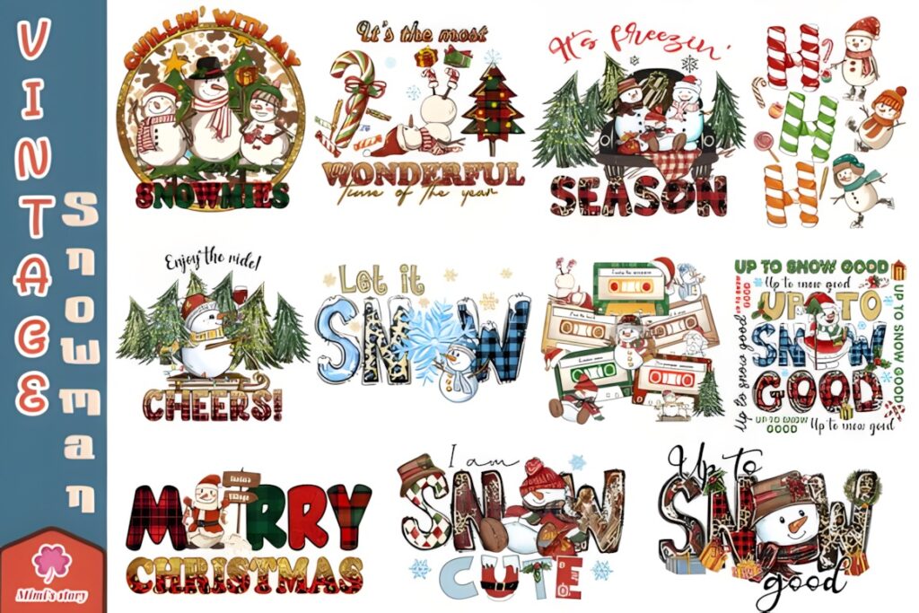 Xmas PNG Designs featuring vintage and snowman-themed Christmas graphics with transparent backgrounds