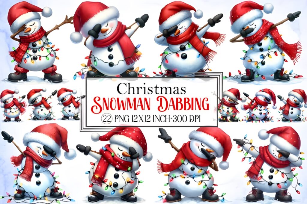 Xmas PNG Designs featuring playful Christmas snowmen dabbing in various poses with Santa hats and scarves