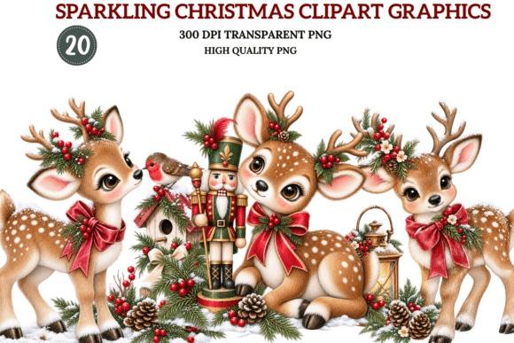 Christmas clipart featuring three deer with red bows, holly berries, pinecones, a nutcracker, and lanterns in a woodland