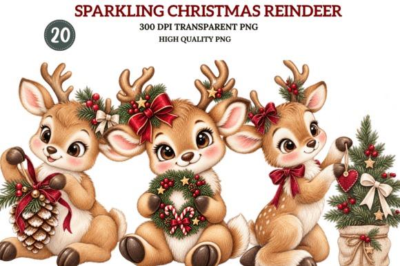 Decorative Christmas clipart featuring three sparkling reindeer with bows, wreaths, holly berries, and pinecones