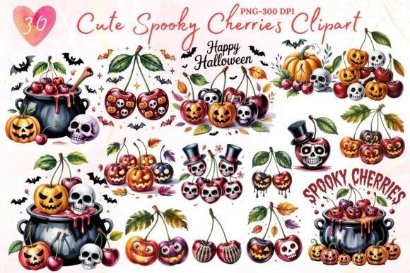 Halloween clipart featuring 30 creepy-cute cherry characters with pumpkins, skulls, and bats in PNG format