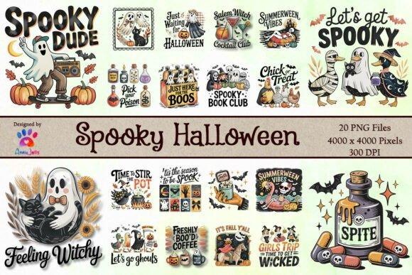 Halloween clipart set with spooky ghost, pumpkins, potion bottles, black cat, and themed phrases in high resolution PNG