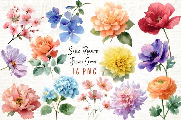 Spring Romantic Flower Clipart set with 16 watercolor floral PNG files featuring soft pastel flowers with transparent
