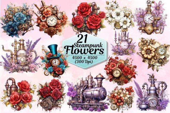 Steampunk flower clipart set with 21 PNG files featuring floral and mechanical designs at 4500x4500 px