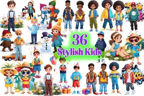 creative kids clipart bundles featuring 36 stylish children in various trendy outfits and playful poses
