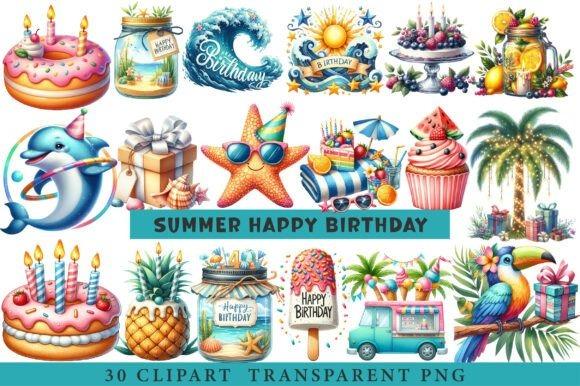 best happy birthday clipart summer-themed collection with 30 colorful PNG graphics including cakes, gifts, tropical