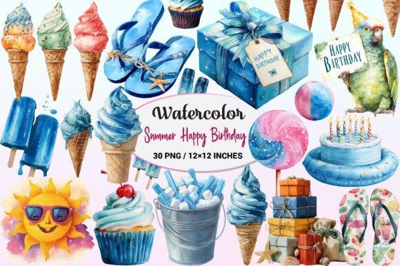 Best happy birthday clipart set with summer-themed watercolor images including ice cream cones, flip flops, gifts, cake, and
