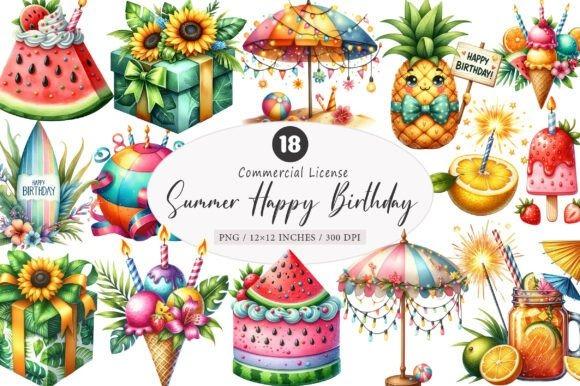 best happy birthday clipart featuring summer-themed colorful illustrations including watermelon cake, sunflowers, pineapple