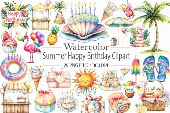 best happy birthday clipart featuring 29 summer-themed watercolor PNG designs with transparent backgrounds